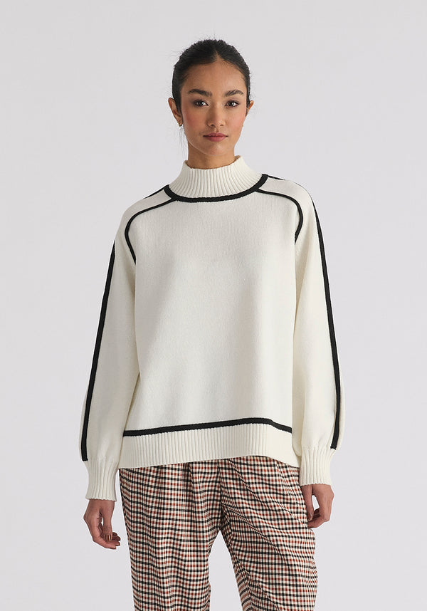 Contrast Stripe Piping Mock Neck Jumper in White and Black
